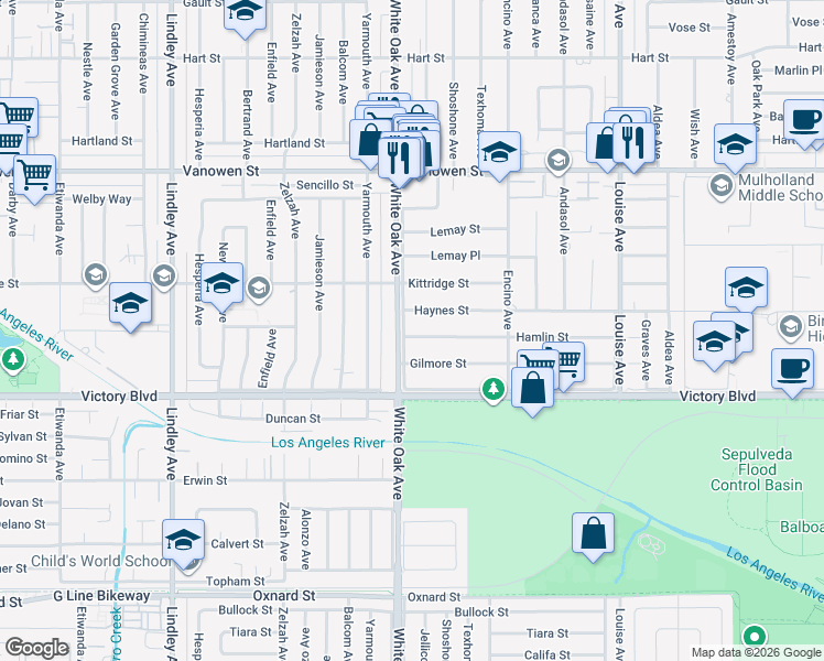 map of restaurants, bars, coffee shops, grocery stores, and more near 17647 Gilmore Street in Los Angeles