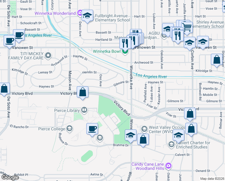 map of restaurants, bars, coffee shops, grocery stores, and more near 6518 Keokuk Avenue in Los Angeles