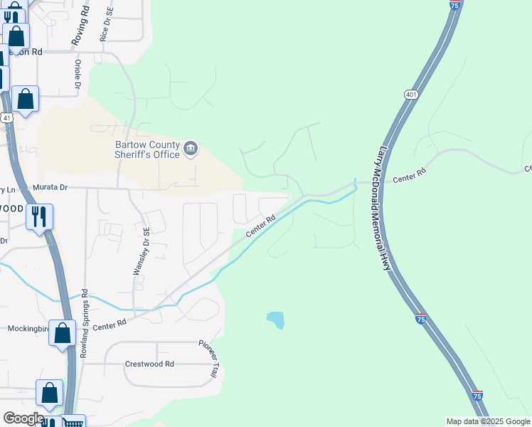 map of restaurants, bars, coffee shops, grocery stores, and more near 12 Carriage Hills Drive in Cartersville