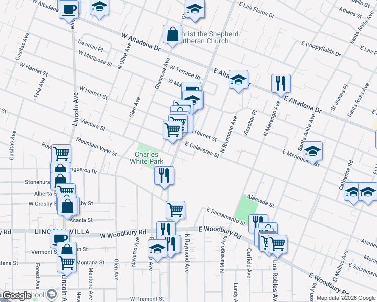 map of restaurants, bars, coffee shops, grocery stores, and more near 39 La Venezia Court in Altadena