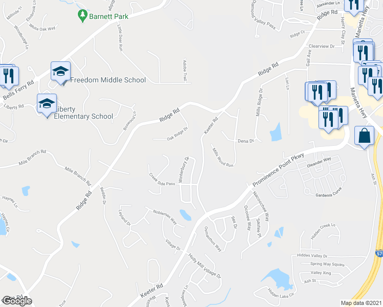 map of restaurants, bars, coffee shops, grocery stores, and more near 228 Winterbury Drive in Canton