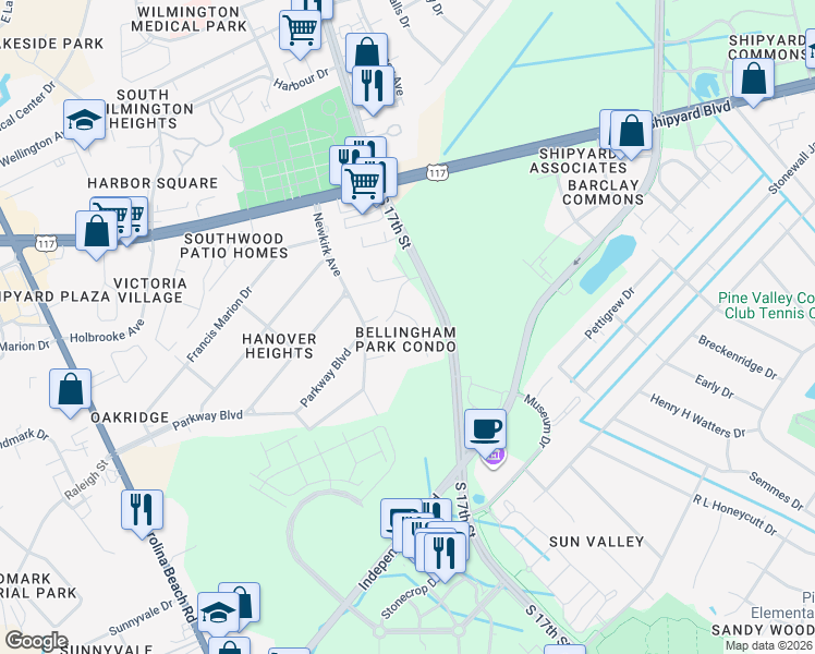 map of restaurants, bars, coffee shops, grocery stores, and more near 2820 Bloomfield Lane in Wilmington