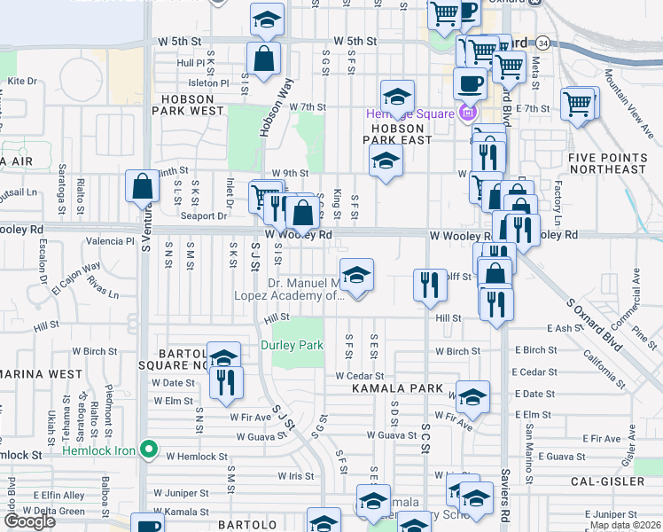 map of restaurants, bars, coffee shops, grocery stores, and more near 1218 South G Street in Oxnard