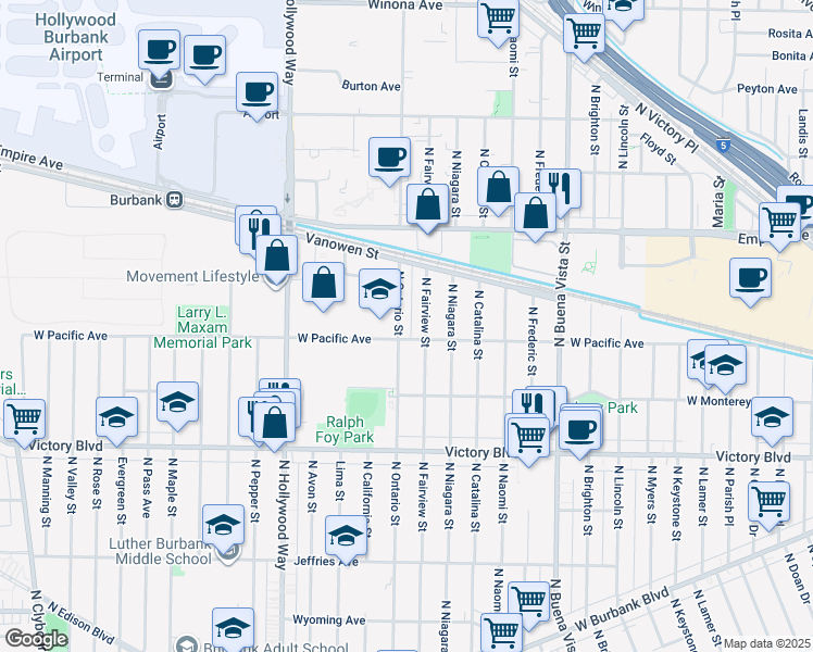 map of restaurants, bars, coffee shops, grocery stores, and more near 1918 North Ontario Street in Burbank