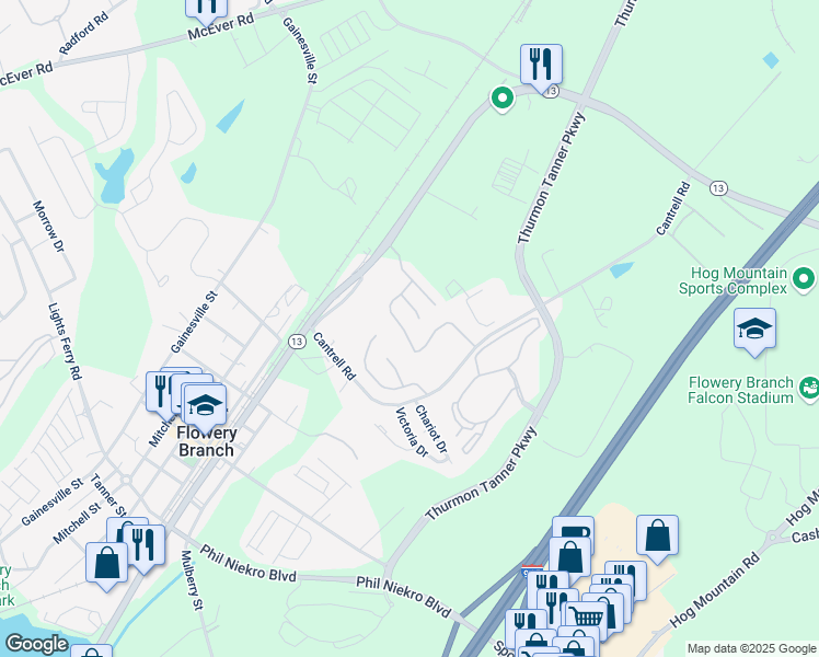 map of restaurants, bars, coffee shops, grocery stores, and more near 4734 Beacon Ridge Lane in Flowery Branch