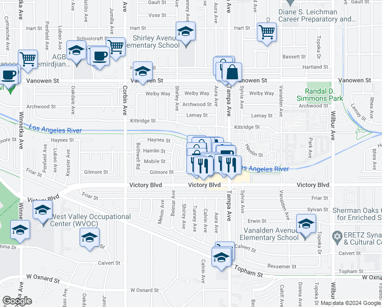 map of restaurants, bars, coffee shops, grocery stores, and more near 6520 Shirley Avenue in Los Angeles