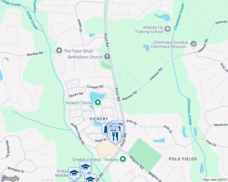 map of restaurants, bars, coffee shops, grocery stores, and more near 7515 Cordery Road in Cumming