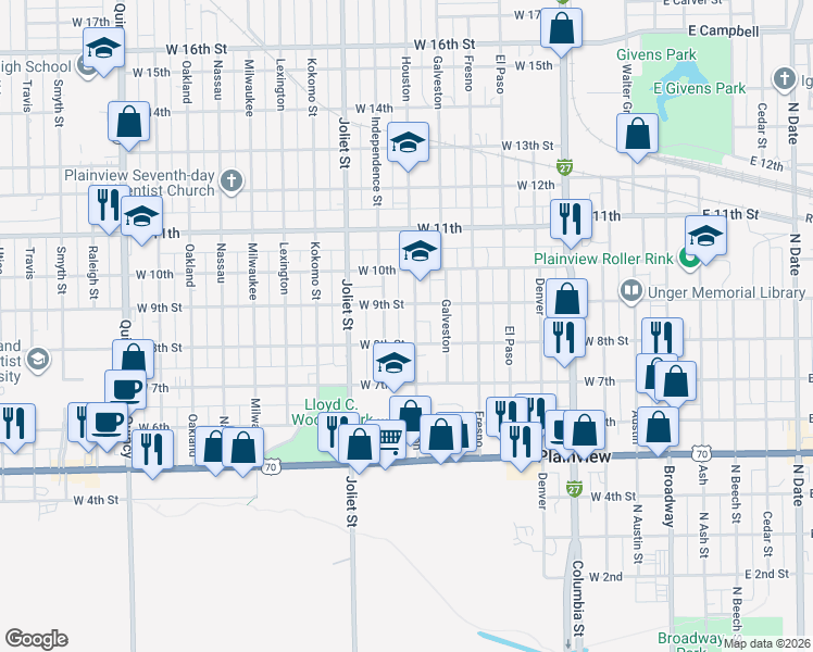map of restaurants, bars, coffee shops, grocery stores, and more near 900-912 W 9th St in Plainview