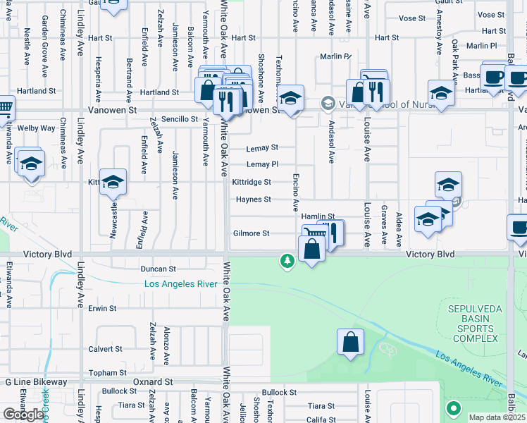 map of restaurants, bars, coffee shops, grocery stores, and more near 17601 Haynes Street in Los Angeles