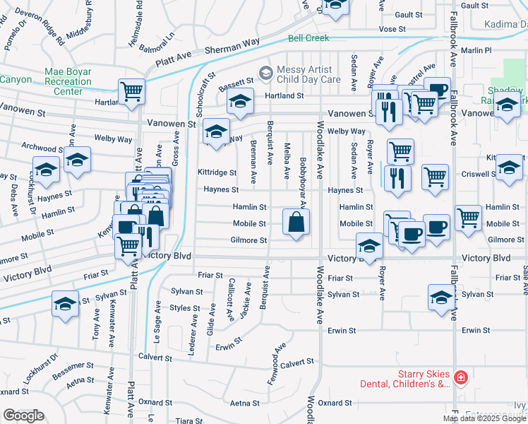 map of restaurants, bars, coffee shops, grocery stores, and more near 23308 Haynes Street in Los Angeles