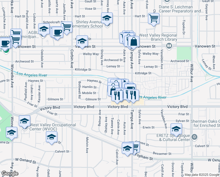 map of restaurants, bars, coffee shops, grocery stores, and more near 6520 Shirley Avenue in Los Angeles