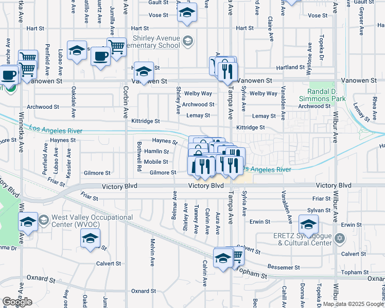 map of restaurants, bars, coffee shops, grocery stores, and more near 6520 Shirley Avenue in Los Angeles