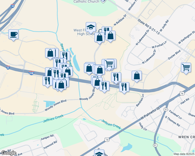 map of restaurants, bars, coffee shops, grocery stores, and more near 2367 David H McLeod Boulevard in Florence