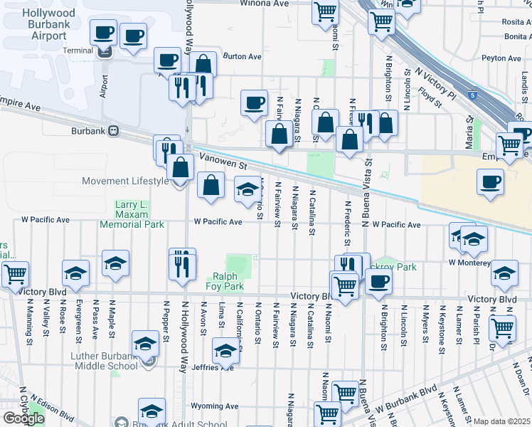 map of restaurants, bars, coffee shops, grocery stores, and more near 1918 North Ontario Street in Burbank