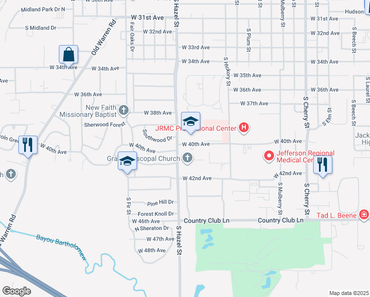 map of restaurants, bars, coffee shops, grocery stores, and more near 3911 South Hazel Street in Pine Bluff