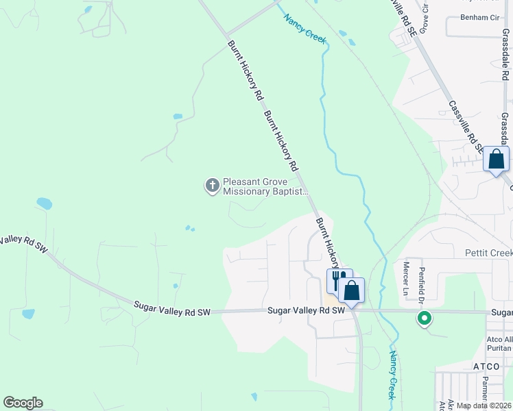 map of restaurants, bars, coffee shops, grocery stores, and more near 664 Burnt Hickory Road in Cartersville