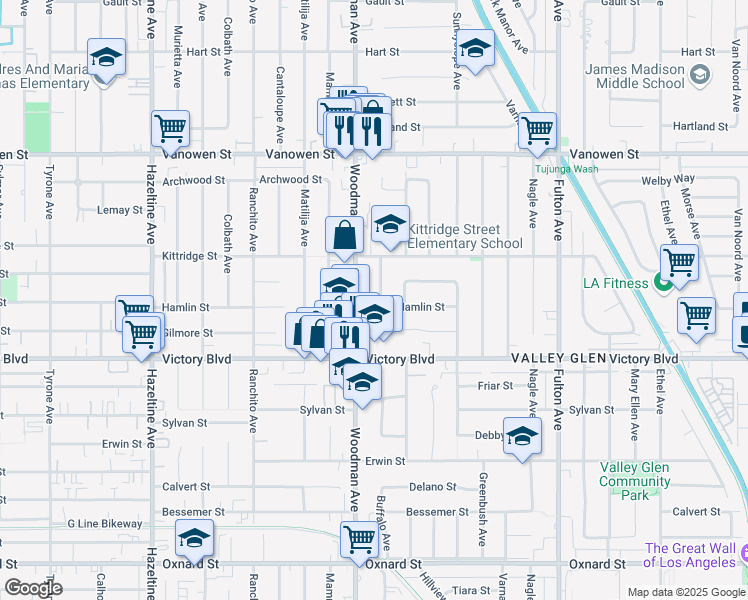 map of restaurants, bars, coffee shops, grocery stores, and more near 6509 Buffalo Avenue in Los Angeles