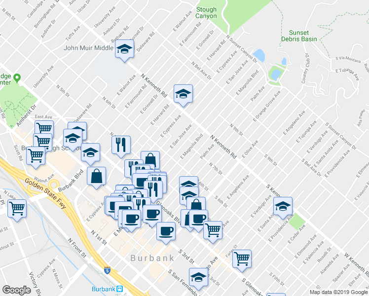 map of restaurants, bars, coffee shops, grocery stores, and more near 644 East San Jose Avenue in Burbank