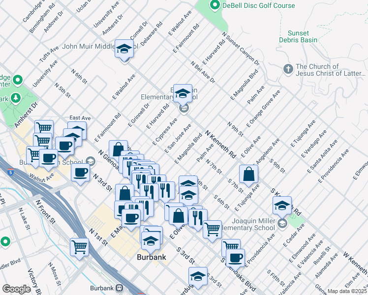 map of restaurants, bars, coffee shops, grocery stores, and more near 631 East Magnolia Boulevard in Burbank