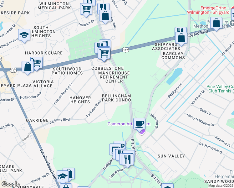 map of restaurants, bars, coffee shops, grocery stores, and more near 2807 Bloomfield Lane in Wilmington