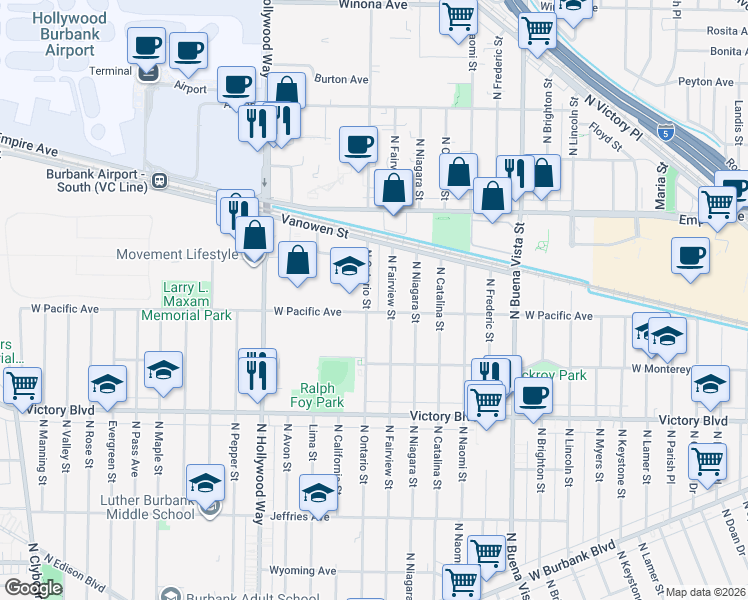 map of restaurants, bars, coffee shops, grocery stores, and more near 1918 North Ontario Street in Burbank