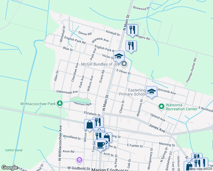 map of restaurants, bars, coffee shops, grocery stores, and more near 1002 Evans Road in Marion