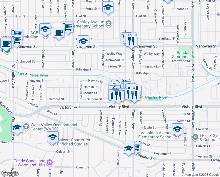 map of restaurants, bars, coffee shops, grocery stores, and more near 19419 Haynes Street in Los Angeles