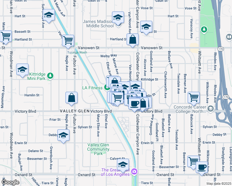 map of restaurants, bars, coffee shops, grocery stores, and more near 13041 Victory Boulevard in Los Angeles