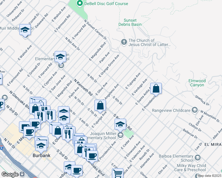map of restaurants, bars, coffee shops, grocery stores, and more near 915 East Angeleno Avenue in Burbank