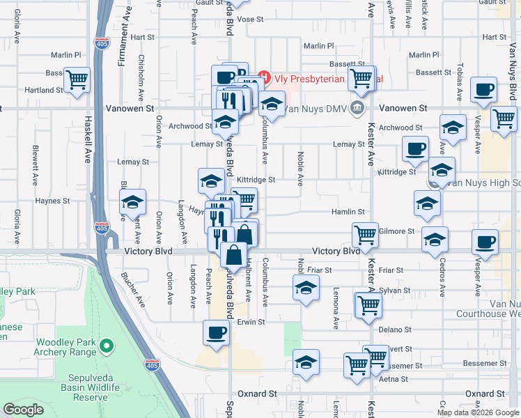 map of restaurants, bars, coffee shops, grocery stores, and more near 6540 Columbus Avenue in Los Angeles
