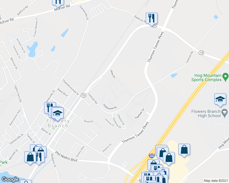 map of restaurants, bars, coffee shops, grocery stores, and more near 4736 Beacon Ridge Lane in Flowery Branch