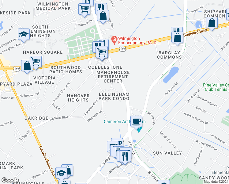 map of restaurants, bars, coffee shops, grocery stores, and more near 2820 Bloomfield Lane in Wilmington