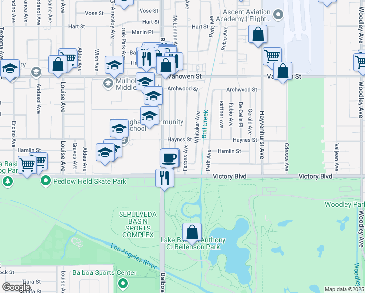 map of restaurants, bars, coffee shops, grocery stores, and more near 6471 Forbes Avenue in Los Angeles