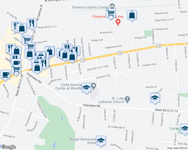 map of restaurants, bars, coffee shops, grocery stores, and more near 1409 Jackson Avenue in Florence