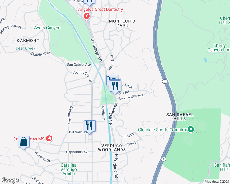 map of restaurants, bars, coffee shops, grocery stores, and more near 1807 Alpha Road in Glendale