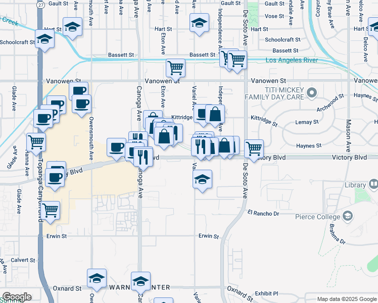 map of restaurants, bars, coffee shops, grocery stores, and more near 21131 Victory Boulevard in Los Angeles