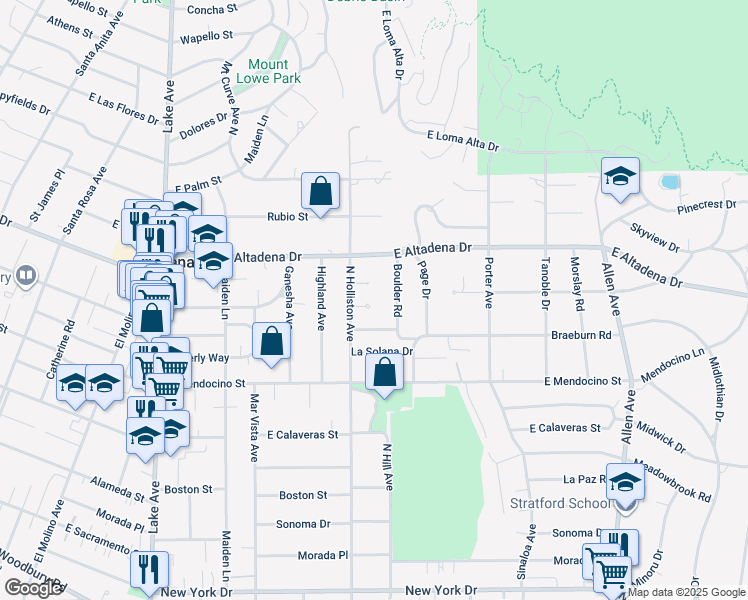 map of restaurants, bars, coffee shops, grocery stores, and more near 1369 Skywood Circle in Altadena