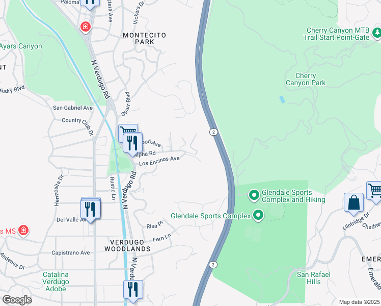 map of restaurants, bars, coffee shops, grocery stores, and more near 1935 Alpha Road in Glendale