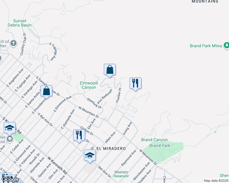 map of restaurants, bars, coffee shops, grocery stores, and more near 1030 Vía Alta in Burbank
