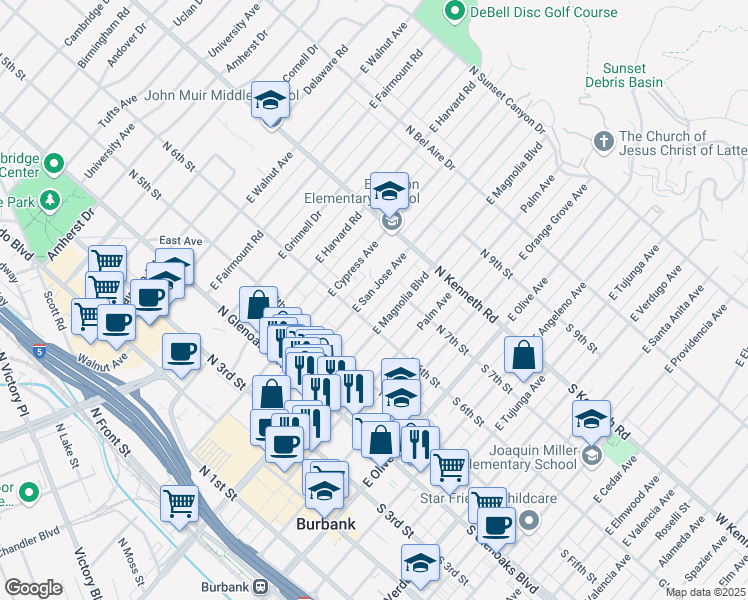 map of restaurants, bars, coffee shops, grocery stores, and more near 644 East San Jose Avenue in Burbank