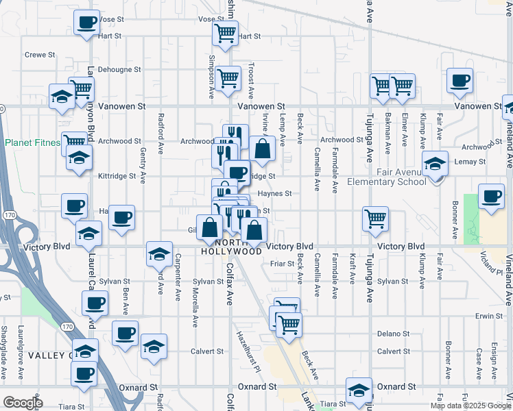 map of restaurants, bars, coffee shops, grocery stores, and more near 11641 Haynes Street in Los Angeles