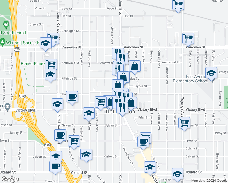 map of restaurants, bars, coffee shops, grocery stores, and more near 6545 Simpson Avenue in Los Angeles