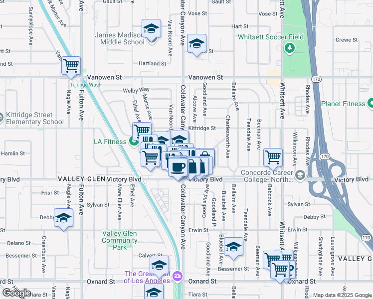 map of restaurants, bars, coffee shops, grocery stores, and more near 6533 Alcove Avenue in Los Angeles