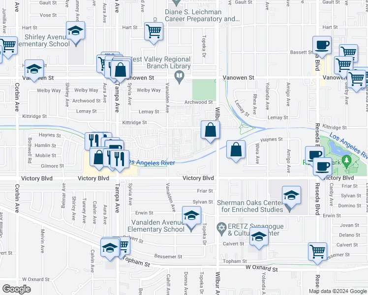 map of restaurants, bars, coffee shops, grocery stores, and more near 19036 Kittridge Street in Los Angeles