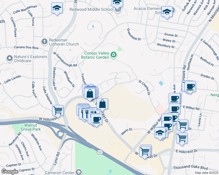 map of restaurants, bars, coffee shops, grocery stores, and more near 824 Pinetree Circle in Thousand Oaks
