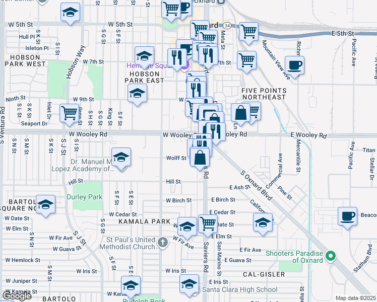 map of restaurants, bars, coffee shops, grocery stores, and more near 260 West Wooley Road in Oxnard