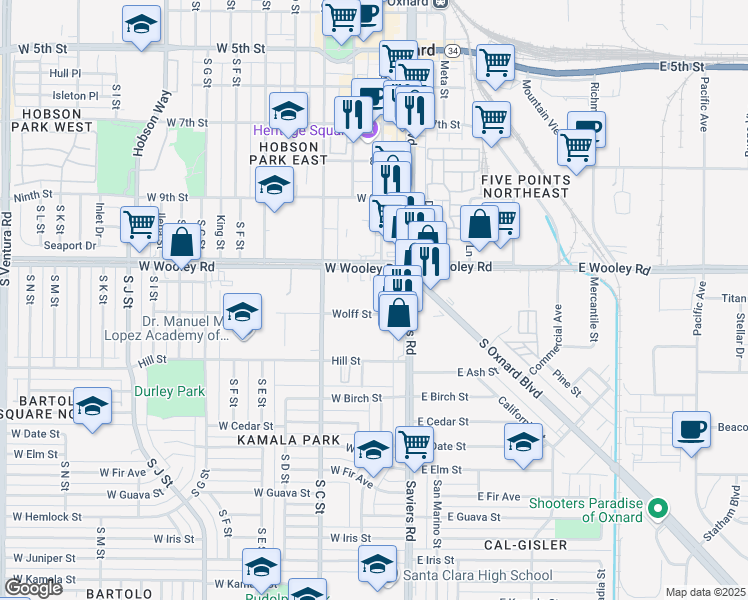 map of restaurants, bars, coffee shops, grocery stores, and more near 260 West Wooley Road in Oxnard