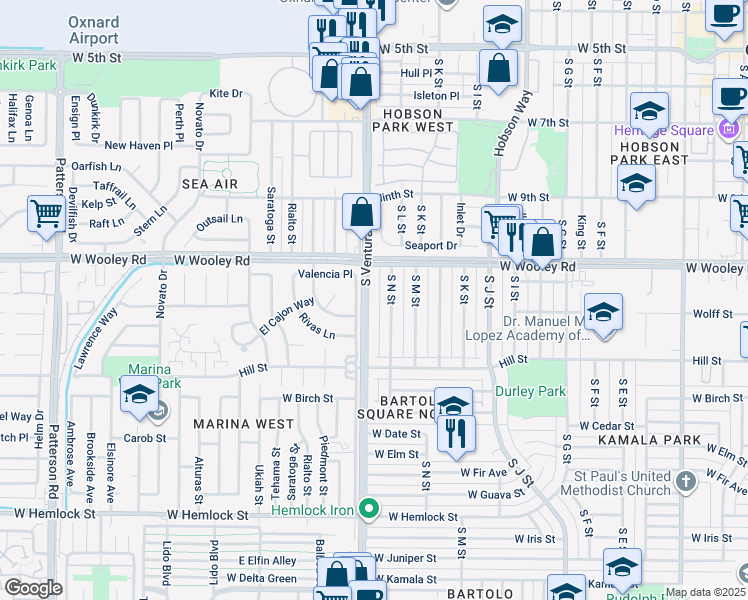 map of restaurants, bars, coffee shops, grocery stores, and more near 1126 South Ventura Road in Oxnard