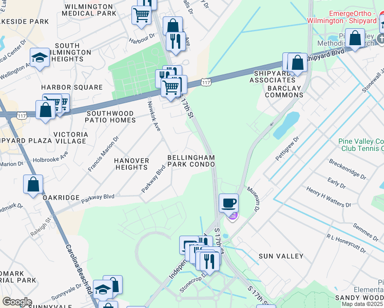 map of restaurants, bars, coffee shops, grocery stores, and more near 2801 Bloomfield Lane in Wilmington