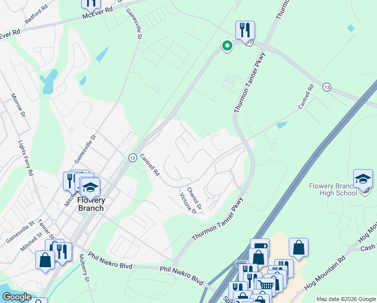 map of restaurants, bars, coffee shops, grocery stores, and more near 4840 Zephyr Cove Place in Flowery Branch
